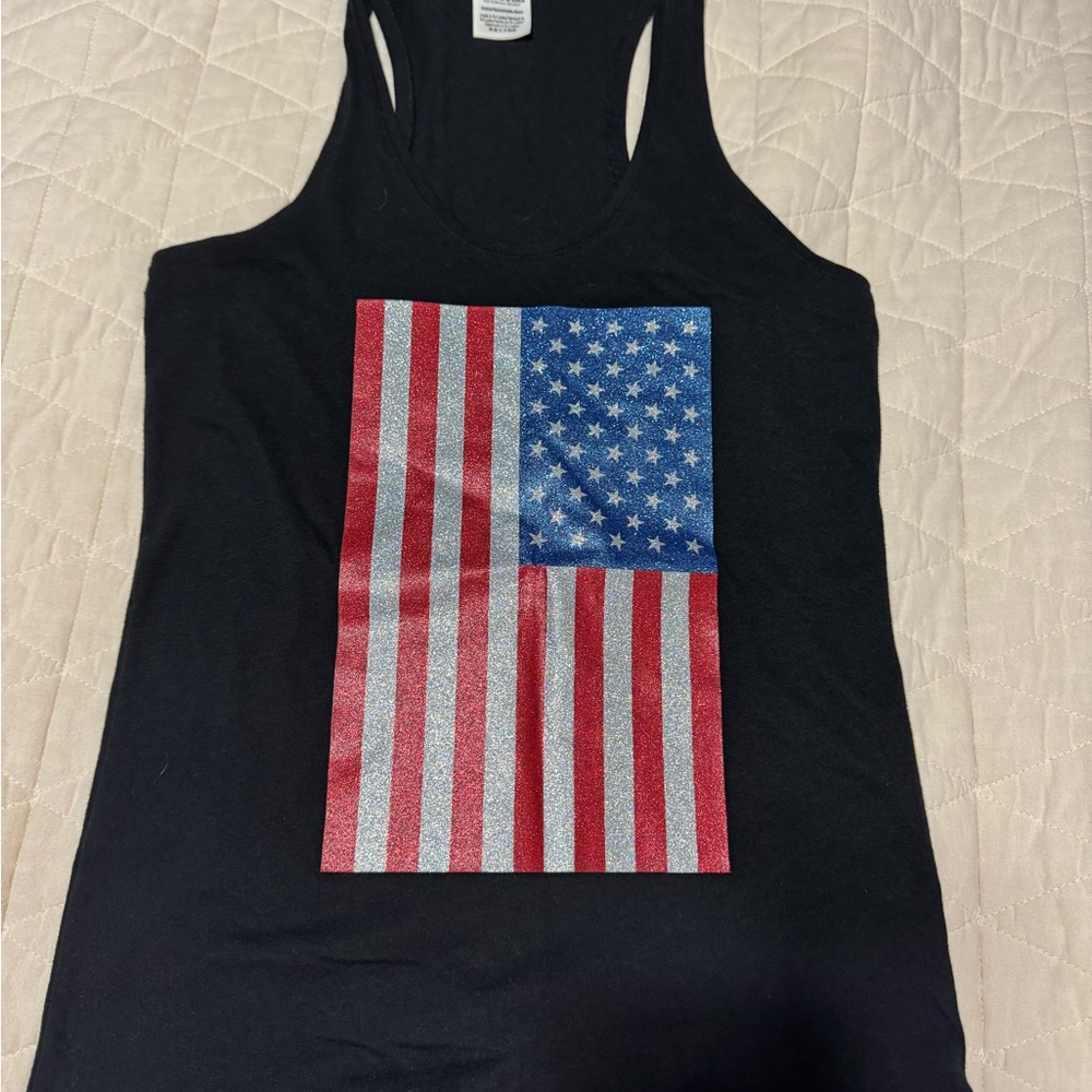PINK Black Tank Top with American Flag Design - XS